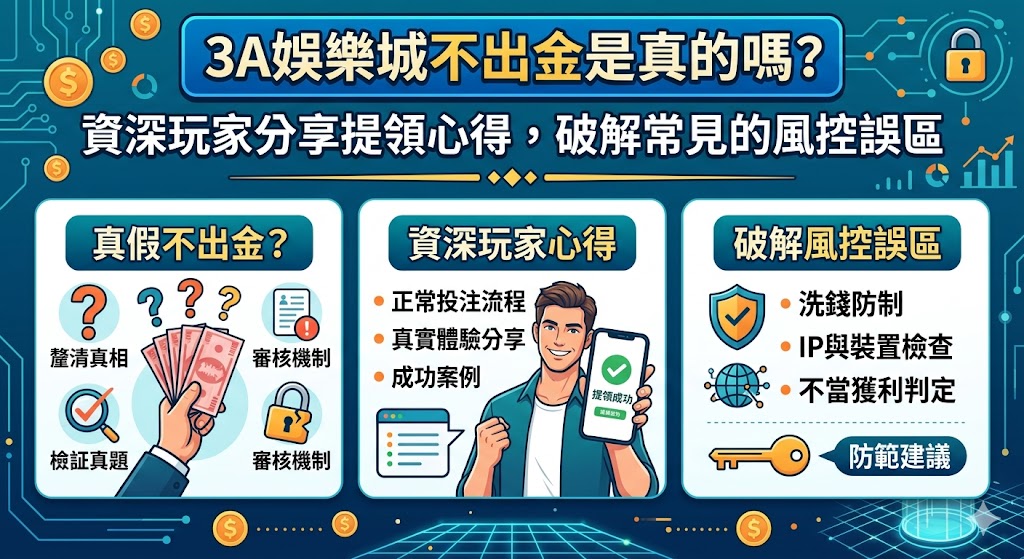 關於 3A 娛樂城不出金的傳聞在論壇時有所聞，但真相往往隱藏在複雜的風控機制中。資深玩家指出，許多不出金的案例其實源於對平台規則的誤解，例如未達成洗碼量要求、使用不對稱投注進行套利，或是帳號資料與銀行帳戶不符等觸發了安全系統。真正的風控是為了防範非法洗錢與惡意攻擊，而非刻意刁難正常玩家。透過實測提領心得可以發現，只要確保投注行為合規且資料真實，多數情況下都能在規定時間內順利到帳。本文將深入破解常見的風控誤區，教導玩家如何正確與客服溝通、避開容易引起爭議的對沖行為，並從金流穩定性與營運實力來判斷 3A 娛樂城的真實評價，幫助您建立正確的提領觀念，在享受博弈樂趣的同時，也能確保每筆獲利都能安全無虞地落袋為安。