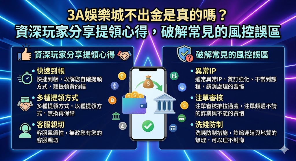 關於 3A 娛樂城不出金的傳聞在論壇時有所聞，但真相往往隱藏在複雜的風控機制中。資深玩家指出，許多不出金的案例其實源於對平台規則的誤解，例如未達成洗碼量要求、使用不對稱投注進行套利，或是帳號資料與銀行帳戶不符等觸發了安全系統。真正的風控是為了防範非法洗錢與惡意攻擊，而非刻意刁難正常玩家。透過實測提領心得可以發現，只要確保投注行為合規且資料真實，多數情況下都能在規定時間內順利到帳。本文將深入破解常見的風控誤區，教導玩家如何正確與客服溝通、避開容易引起爭議的對沖行為，並從金流穩定性與營運實力來判斷 3A 娛樂城的真實評價，幫助您建立正確的提領觀念，在享受博弈樂趣的同時，也能確保每筆獲利都能安全無虞地落袋為安。