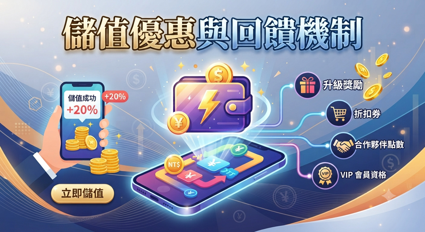 這是一張關於儲值優惠與回饋機制的活動宣傳圖,設計風格現代且具備科技感。 畫面中展示了手機應用程式介面、數位錢包圖示以及各類回饋項目,呈現出完整的儲值與獎勵流程。