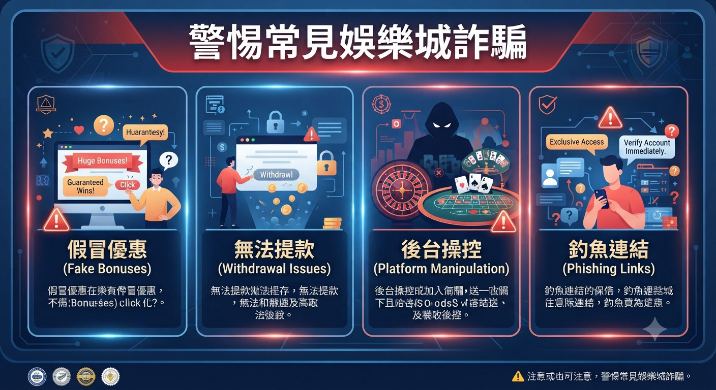 這張圖以「警惕常見娛樂城詐騙」為標題,並透過四個警示區塊說明假冒優惠、無法提款、後台操控與釣魚連結等常見手法。 整體設計採用深色調的科技感風格,旨在提醒使用者識別並防範網路賭博平台的詐騙風險。