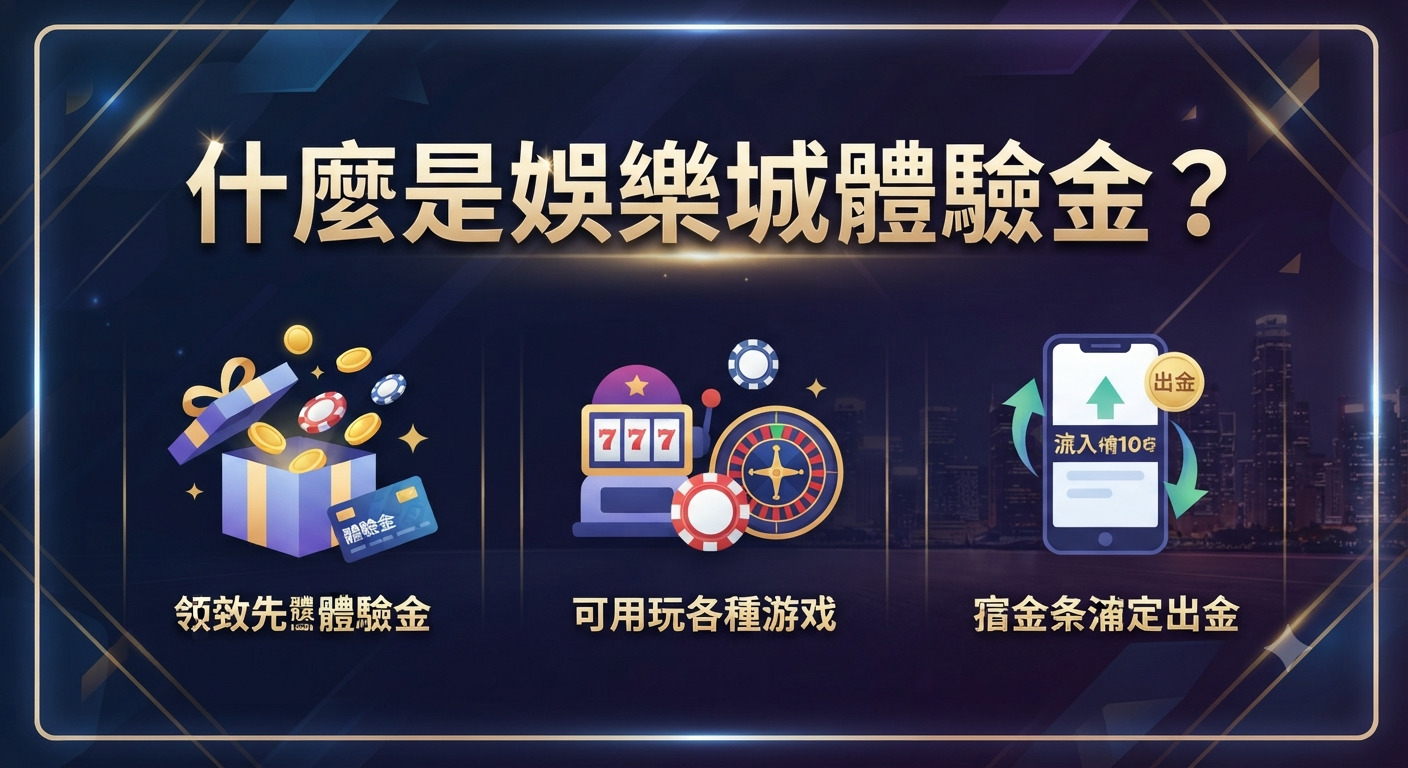 這張圖片以深色科技風格為背景,上方標題為「什麼是娛樂城體驗金?」。 下方透過三個圖示分別呈現領取優惠、參與遊戲以及提款條件的流程概念。