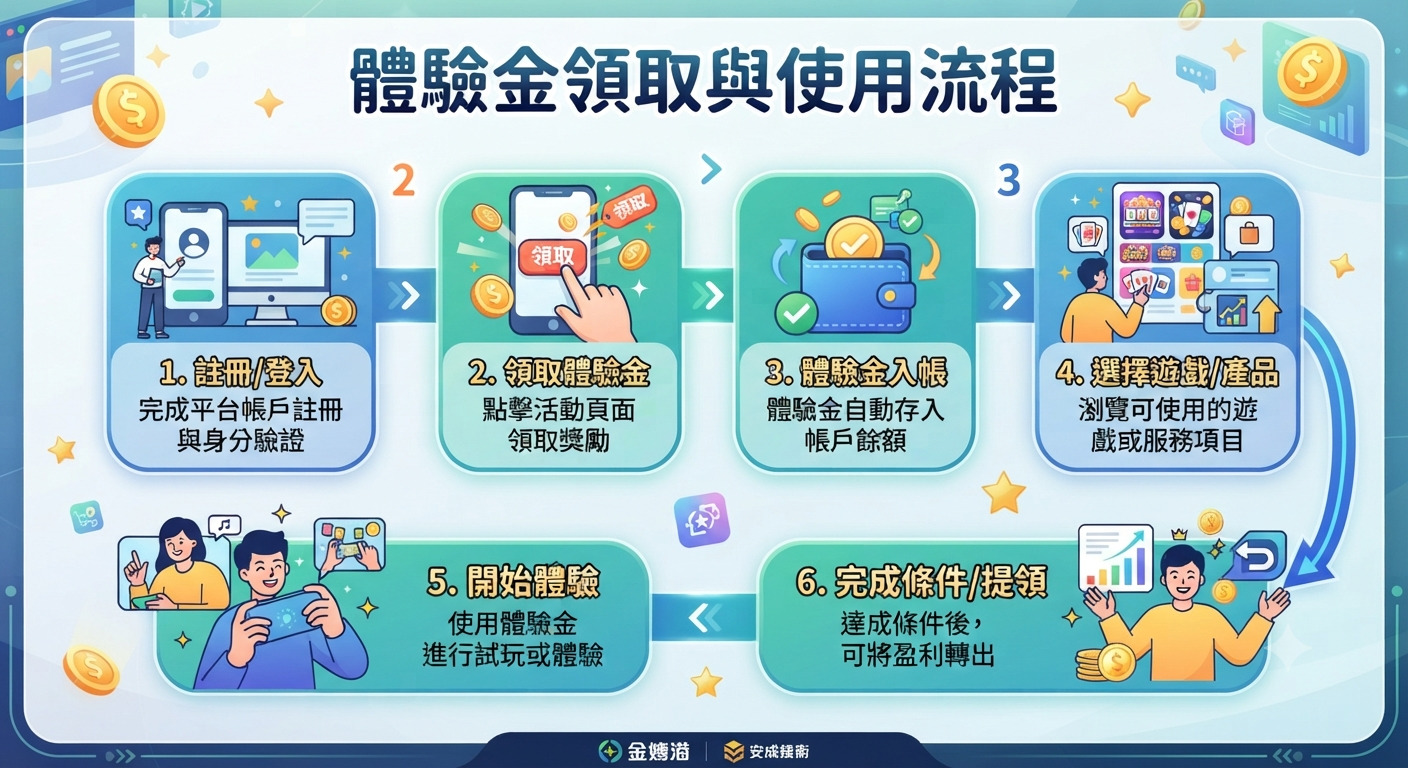 這張圖片呈現了「體驗金領取與使用流程」的六個步驟,包含註冊、領取、入帳、選擇產品、開始體驗及完成條件提領。 透過清新簡約的圖示與說明,清晰地引導使用者完成整個體驗金的使用程序。