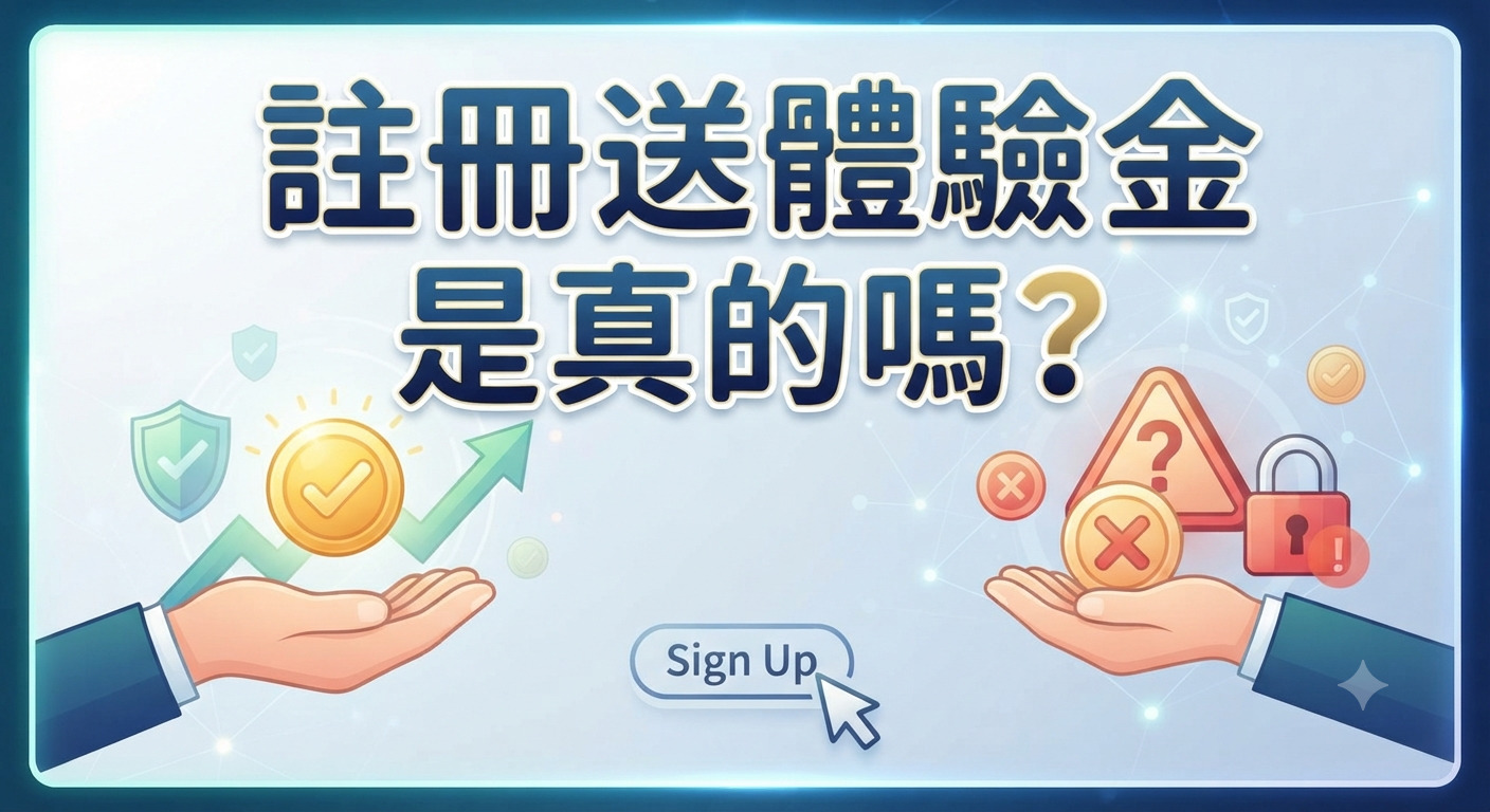這張圖片以「註冊送體驗金是真的嗎?」為標題,探討線上平台的優惠真實性。 畫面透過左右對比的方式,左側象徵正向的獲利與安全,右側則警示潛在的風險與欺詐陷阱。