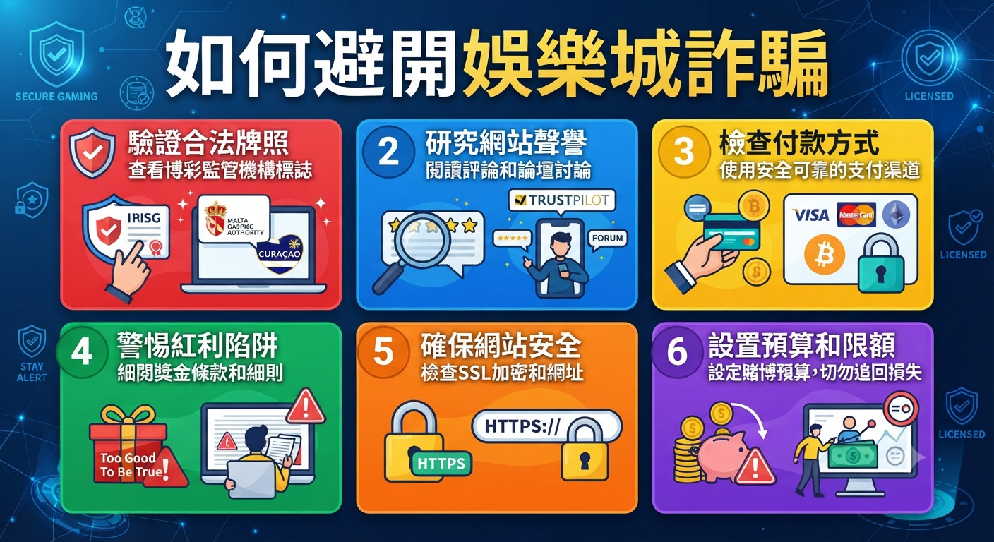 這張資訊圖表以「如何避開娛樂城詐騙」為標題,並以清晰的六個步驟引導用戶識別安全風險。 透過對比鮮明的色塊與圖示,直觀地展示了驗證合法性、檢查網站安全與審慎管理資金的防詐騙關鍵建議。