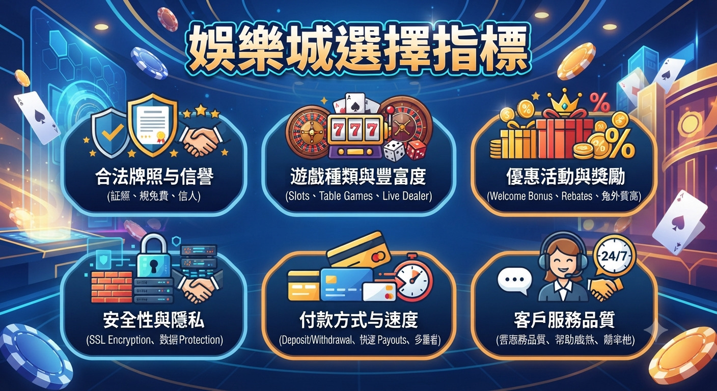 這是一張關於「娛樂城選擇指標」的資訊圖表，以專業且具吸引力的風格呈現。 圖中以清晰的視覺元素歸納了選擇優質娛樂城的關鍵評估標準，包含安全性、優惠活動與客戶服務等核心要素。