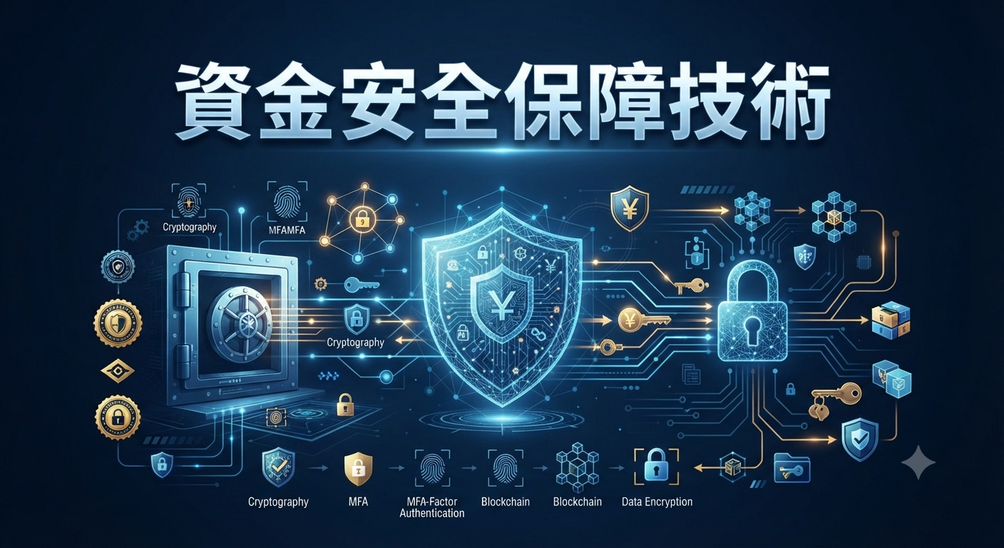 這張圖片展示了先進的資金安全保障技術，結合了數位保險箱、加密防護盾與區塊鏈網路等視覺元素。 畫面中央以「資金安全保障技術」為標題，呈現出象徵金融資產與資訊安全防禦系統的科技感設計。