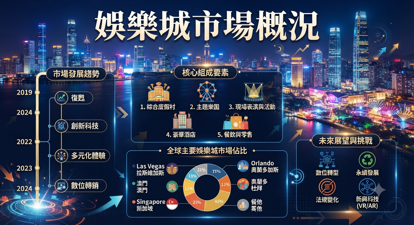 這張圖片以現代城市夜景為背景，展示了「娛樂城市場概況」的綜合資訊圖表。 內容涵蓋市場發展趨勢、核心組成要素、全球市場佔比分析以及未來展望與挑戰。