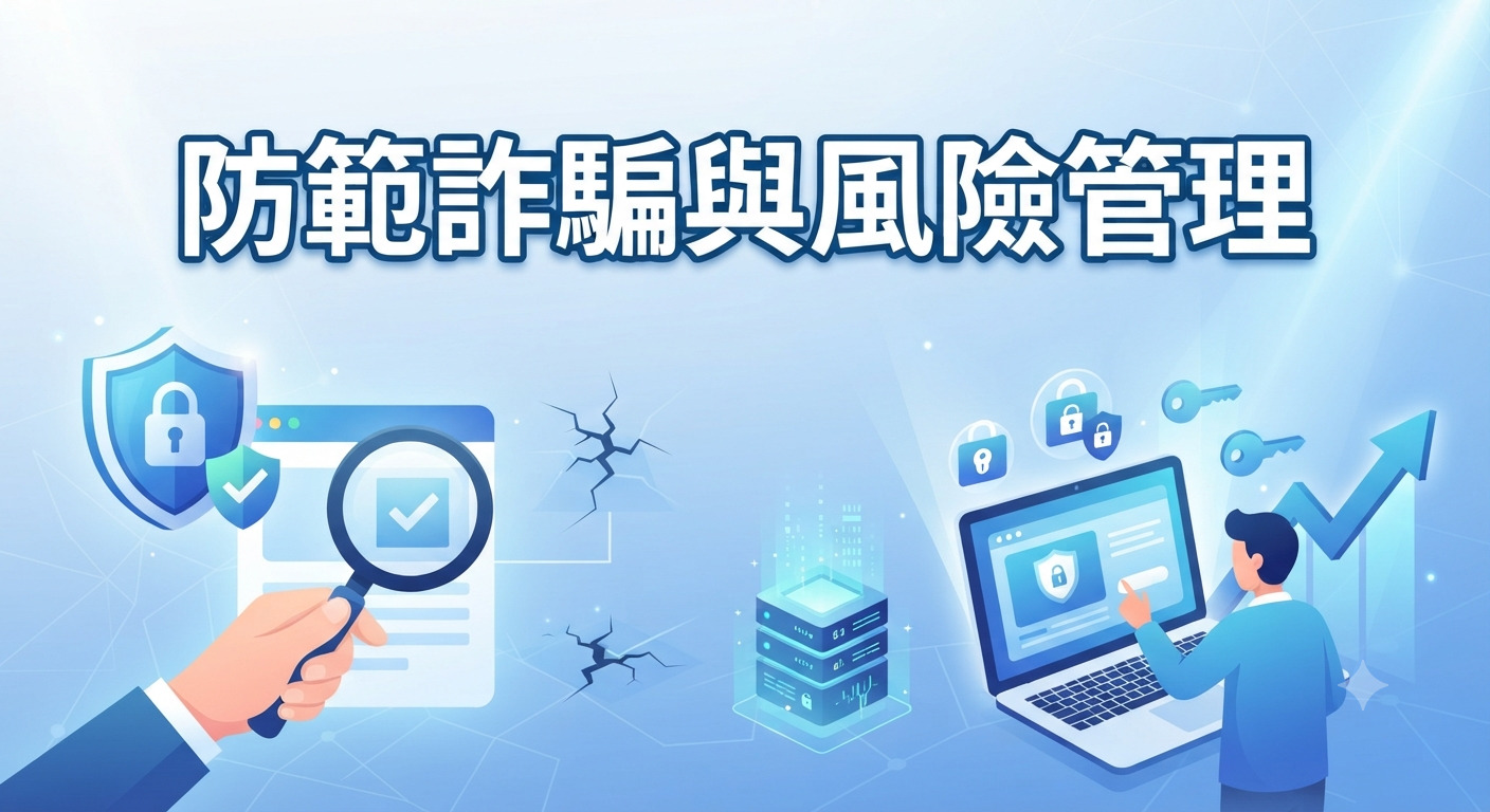 這是一張以「防範詐騙與風險管理」為主題的插圖，畫面以專業的藍色調呈現資訊安全與風險控管的概念。 圖像展示了數位防護與分析的過程，包含保護盾牌、電腦監控及風險檢測，旨在強調預防詐騙與風險管理的專業性。