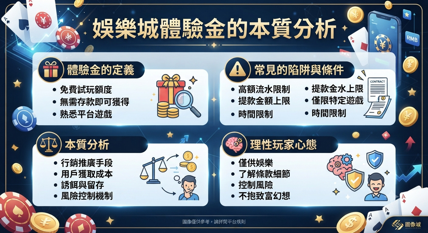 這張圖片以「娛樂城體驗金的本質分析」為標題，透過專業的資訊圖表設計，清晰呈現了體驗金的定義、常見限制、行銷本質及玩家心態。 整體風格結合了博弈元素與數據分析的視覺概念，旨在引導使用者理性看待線上娛樂平台的推廣策略。