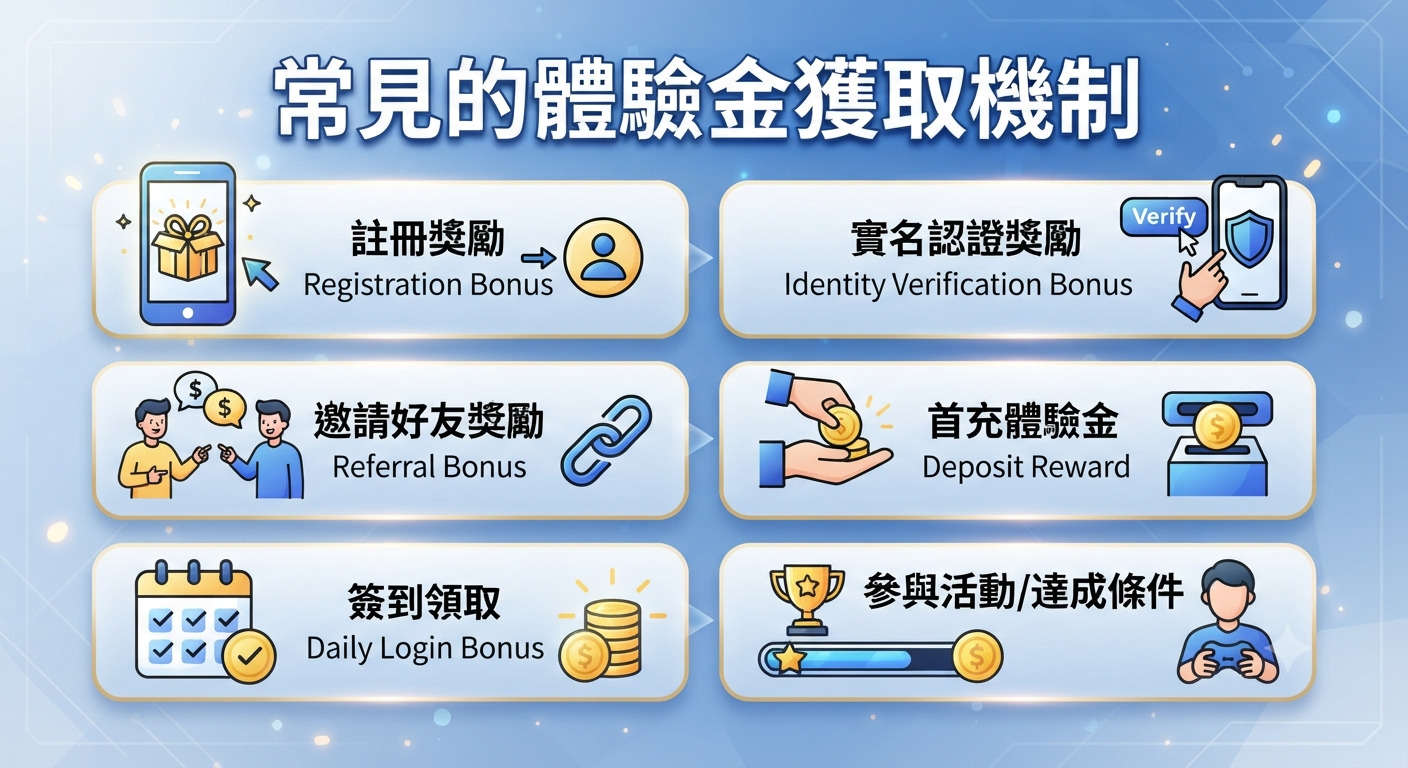 這張圖片清晰展示了「常見的體驗金獲取機制」,並透過六個圖示列舉了註冊、實名認證、邀請好友、首充、簽到及達成任務等方式。 整體設計簡潔明瞭,有效將多種獎勵獲取途徑整合在同一個資訊圖表中,方便使用者快速理解。