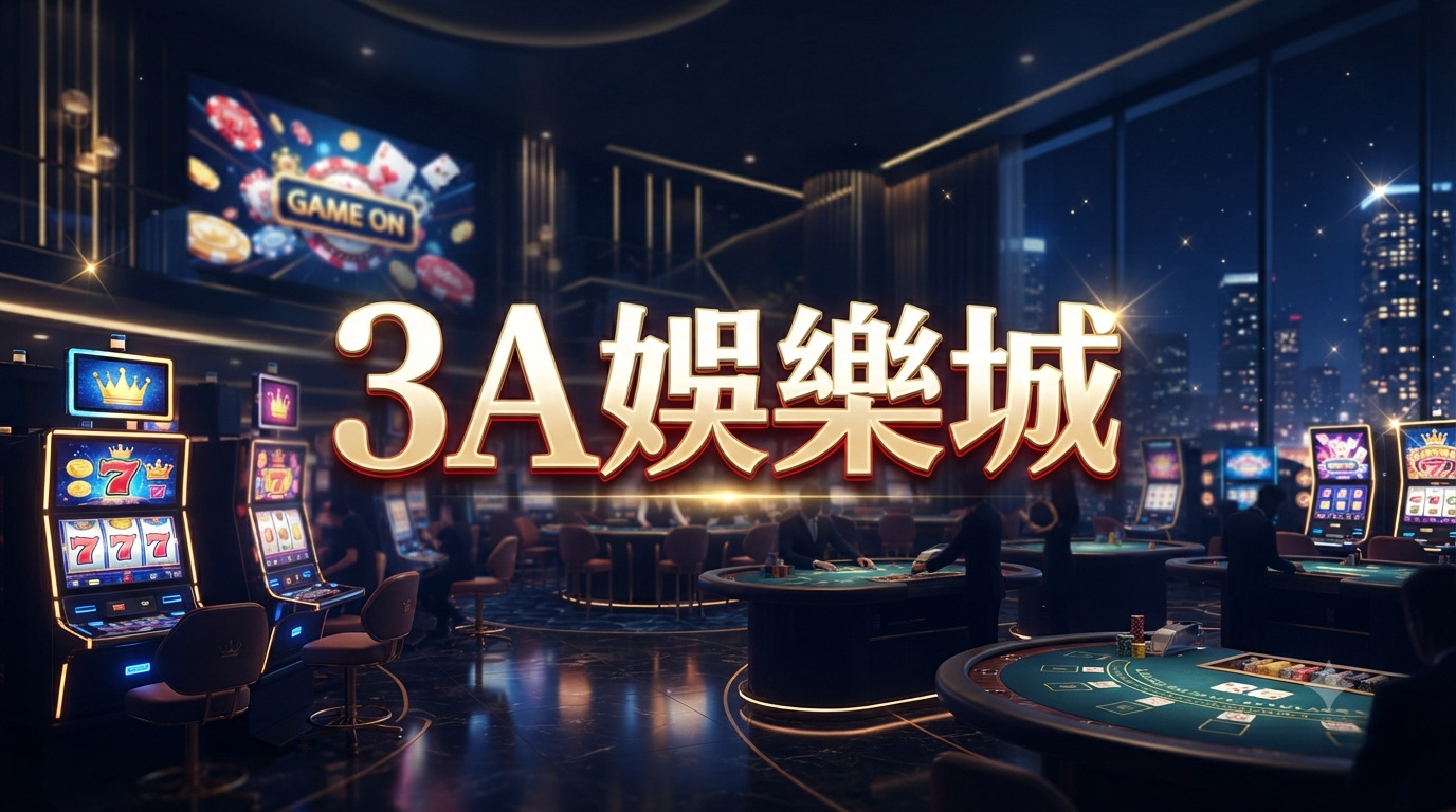 這是一張奢華賭場的背景圖,中央以醒目的金色字體標示著「3A娛樂城」。 畫面呈現了現代化的老虎機與賭桌設施,營造出高端且充滿活力的博弈氛圍。