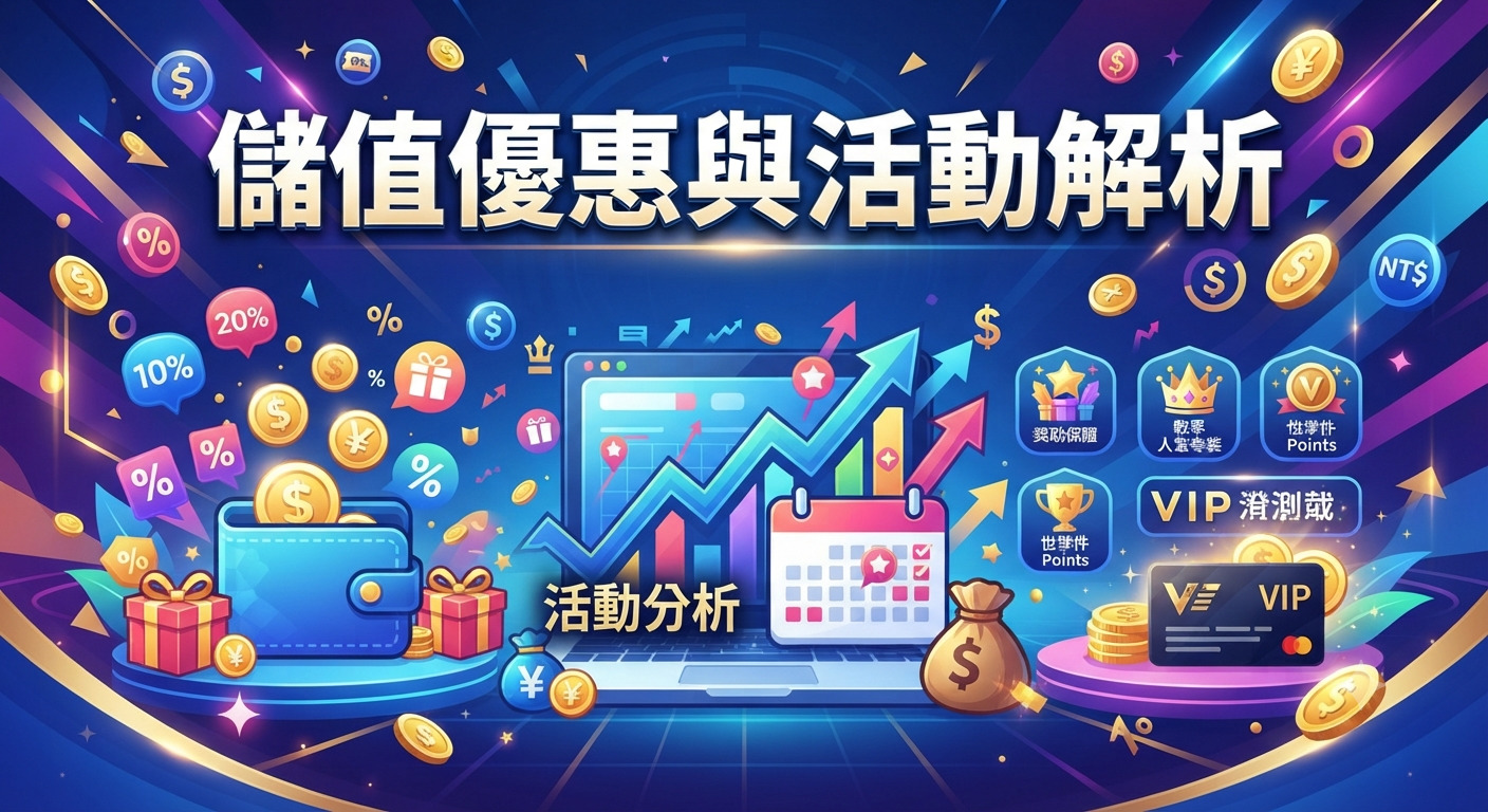 這張圖片以動態且專業的風格展示了「儲值優惠與活動解析」的主題,背景融合了數位科技元素與金融圖表。 畫面上方有醒目的標題,下方則環繞著錢幣、優惠券、禮盒及 VIP 會員標識,營造出豐富的促銷氛圍。