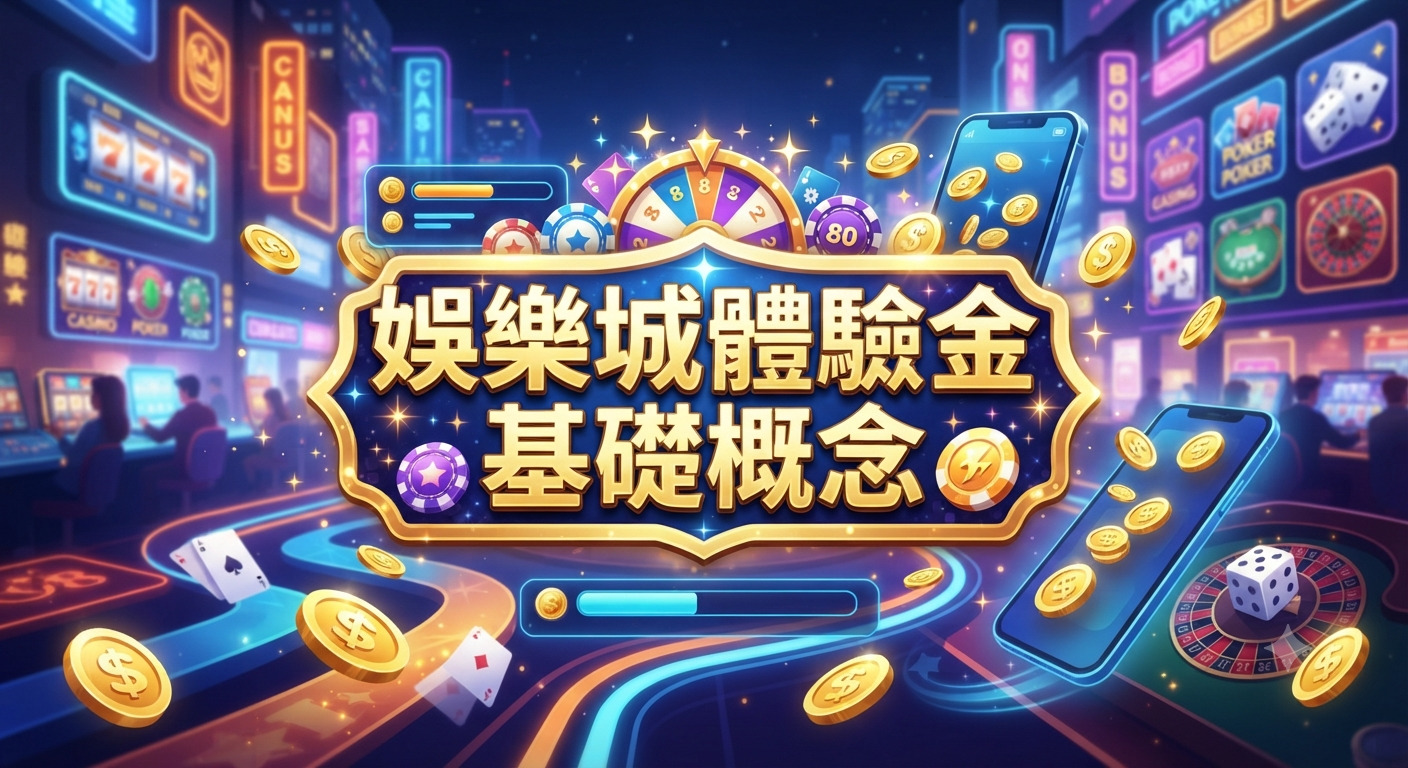這張圖片呈現了以線上娛樂城體驗金為主題的動感設計，結合了輪盤、籌碼與手機遊戲介面等視覺元素。 畫面中央清楚標示了「娛樂城體驗金基礎概念」的標題，整體風格華麗且具備現代科技感。