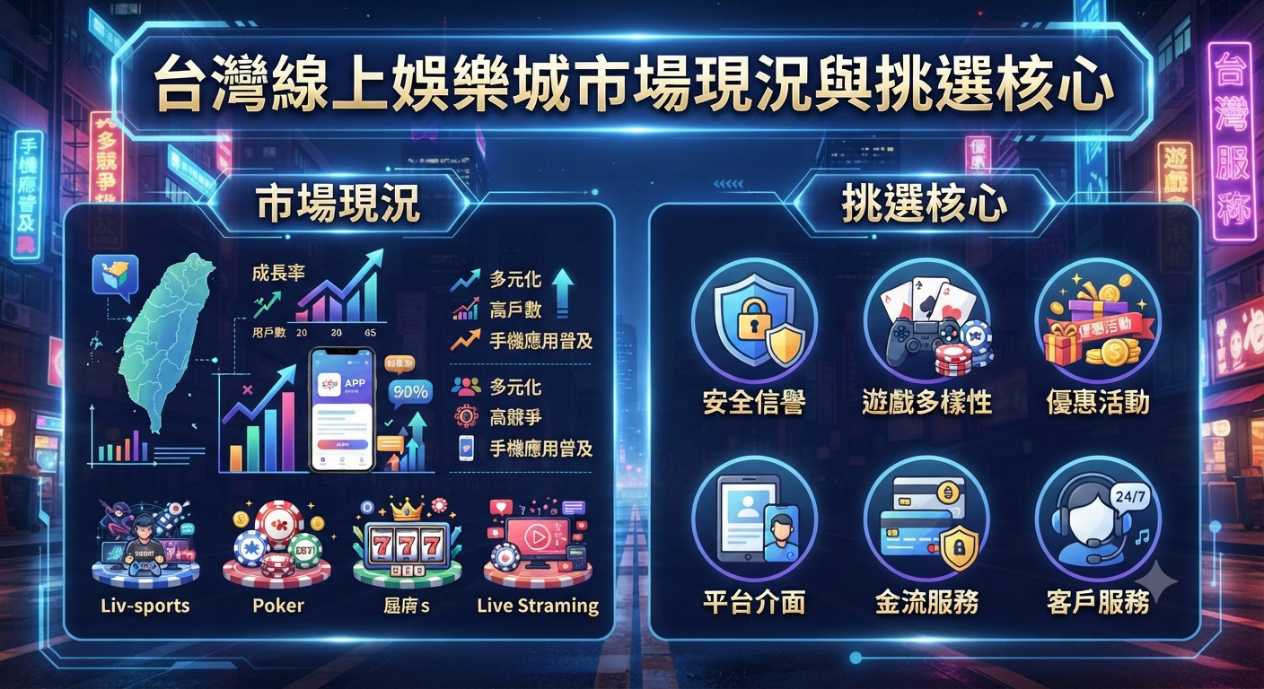 這張圖片展示了台灣線上娛樂城的市場現況與挑選核心,採用現代科技感的介面設計。 畫面以霓虹光影的城市背景襯托,並透過清晰的圖表與圖示分別歸納市場趨勢與評估重點。