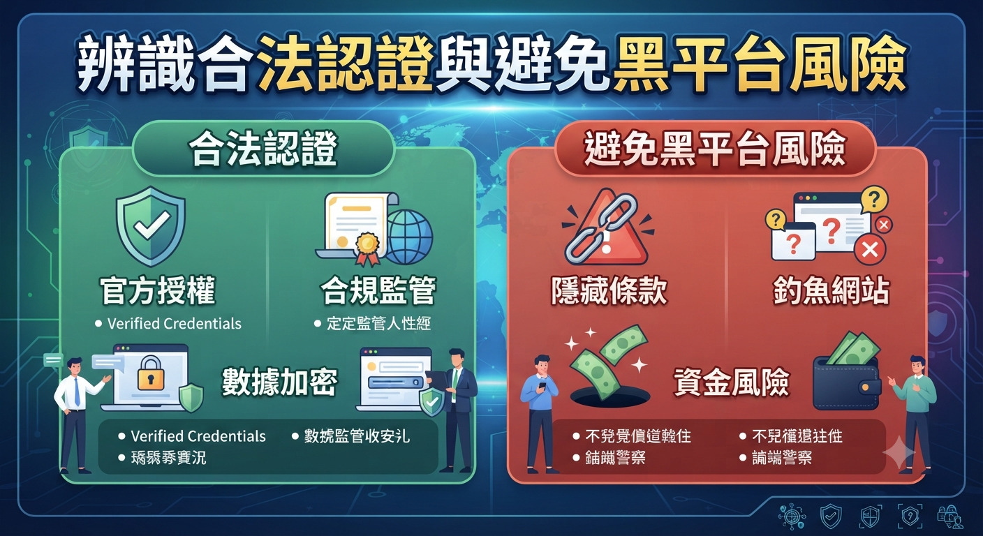 圖片展示了如何辨識合法認證與避免黑平台風險的安全指南。 左側綠色區塊強調官方授權與合規監管,右側紅色區塊則警示隱藏條款與資金風險。
