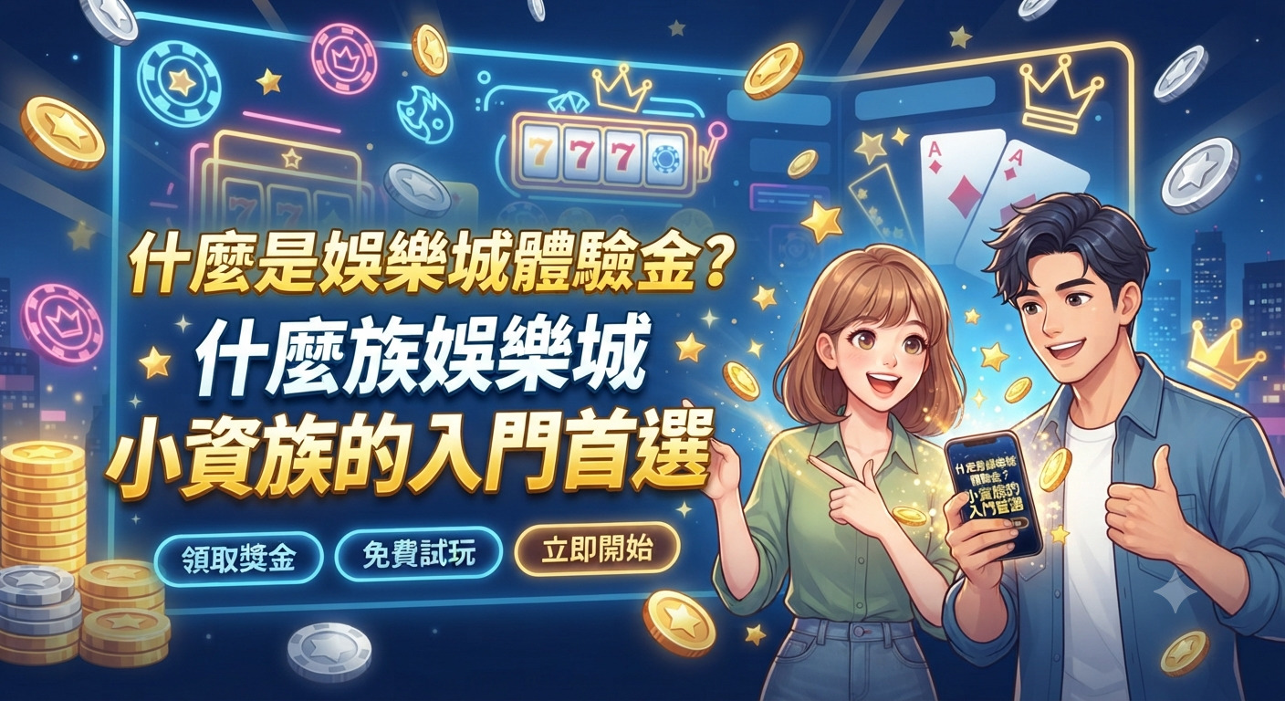 這張圖片展示了一對年輕男女開心地看著手機，背景充滿霓虹燈光、老虎機與金幣等娛樂城元素。 畫面中央醒目地印有「什麼是娛樂城體驗金？小資族的入門首選」的主標題。