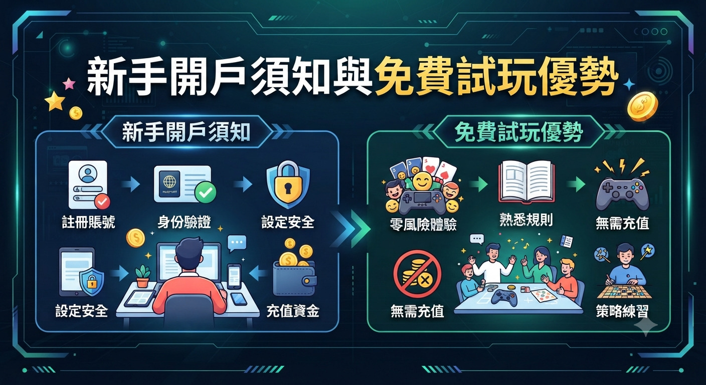 這張圖片的主題為「新手開戶須知與免費試玩優勢」,採用了科技感與遊戲風格的設計。畫面分為左右兩個區塊,分別介紹帳戶註冊步驟與免費試玩的各項好處。