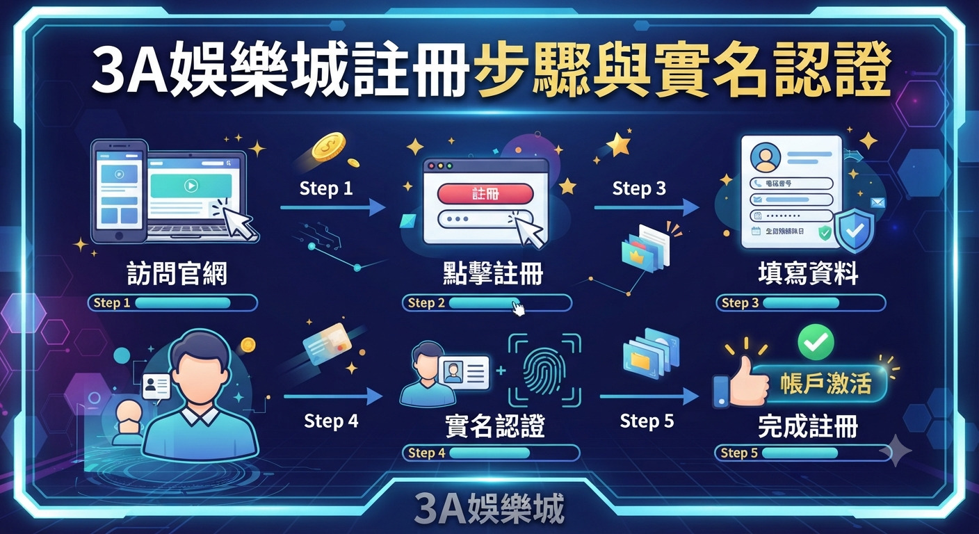 這是一張關於「3A娛樂城註冊步驟與實名認證」的科技風圖解指南。 畫面清晰展示了從訪問官網到完成帳戶激活的完整操作流程。