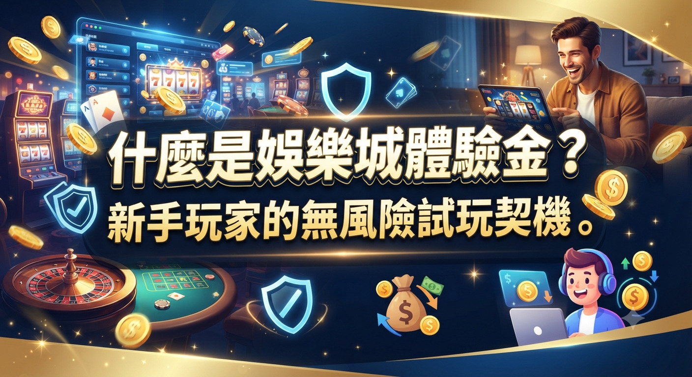 這張圖片展示了新手玩家在線上娛樂城中進行無風險試玩的歡樂情景,背景融入了遊戲介面與金幣元素。 畫面中央清晰顯示了主題文字:「什麼是娛樂城體驗金?新手玩家的無風險試玩契機。」