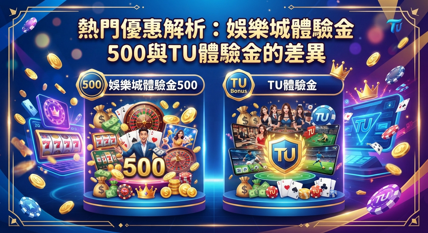 這張圖片的主題是熱門優惠解析,探討娛樂城體驗金500與TU體驗金的差異。 畫面採用豐富的賭場元素與霓虹光效,並清晰呈現主題標題。