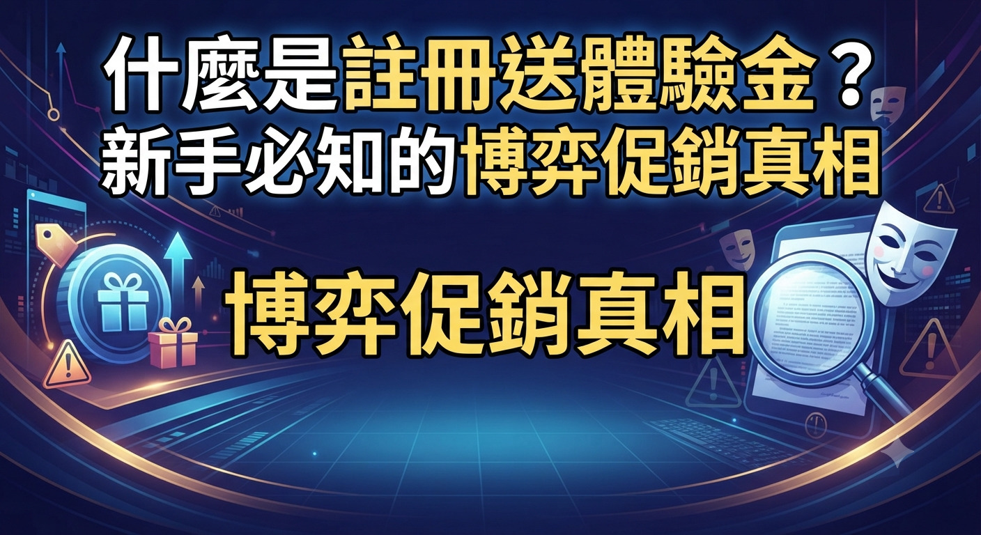 這是一張以博弈促銷為主題的圖片，背景融合了科技感與放大鏡審視的元素。 圖片正上方清晰地標示著主題文字：「什麼是註冊送體驗金？新手必知的博弈促銷真相」。