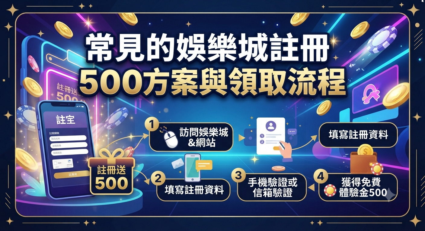 圖片展示了常見的娛樂城註冊送500方案主題，背景融入了科技感與籌碼等線上娛樂元素。 畫面正上方清晰標示著繁體中文主標題，視覺設計簡潔且主題明確。