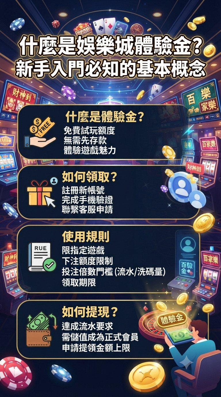 圖片背景為金碧輝煌的線上娛樂城,正上方醒目地顯示著「什麼是娛樂城體驗金?新手入門必知的基本概念」的主題文字。