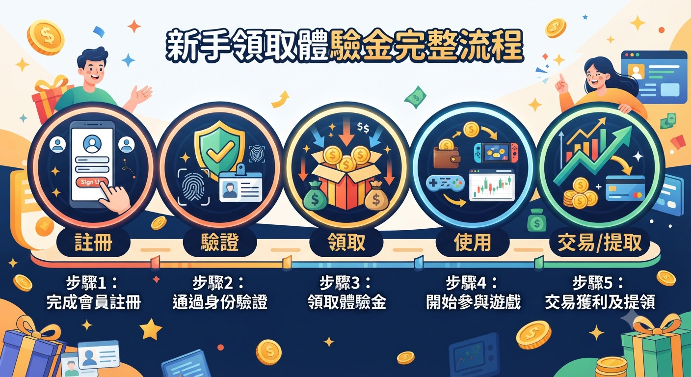 圖片上方醒目地展示了「新手領取體驗金完整流程」的主標題。 下方以五個主要圖示和步驟,生動呈現從註冊、驗證到領取與交易的完整操作順序。