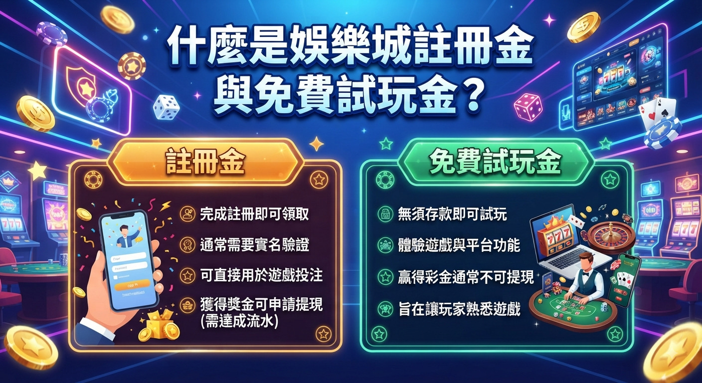 圖片展示了線上娛樂城註冊金與免費試玩金的對比與說明。 背景融合了霓虹燈光、老虎機與籌碼，呈現充滿科技感的娛樂城氛圍。