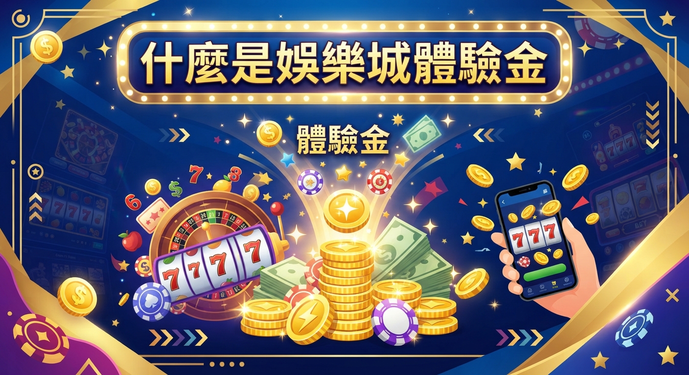 這張圖片的主題是「什麼是娛樂城體驗金」，以藍色和金色為基調，呈現出充滿慶典與財富感的高級娛樂場景。 畫面中結合了籌碼、金幣、拉霸機與手機遊戲元素，並在上方醒目地展示了標題文字。