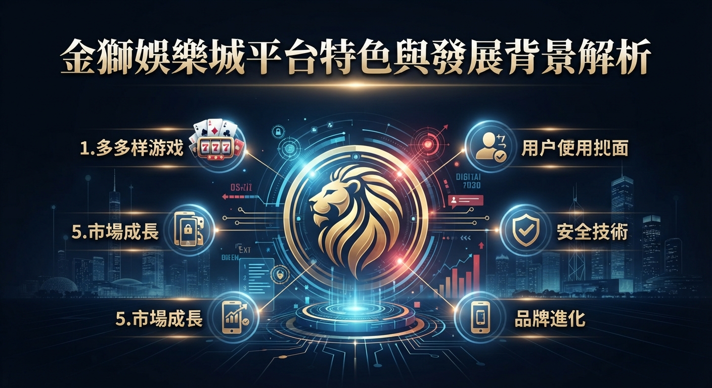 這是一張以「金獅娛樂城平台特色與發展背景解析」為主題的科技感主視覺圖片。 畫面中央結合了金獅標誌、數位數據圖表與各項平台功能圖示,展現現代娛樂城平台的創新科技與發展背景。