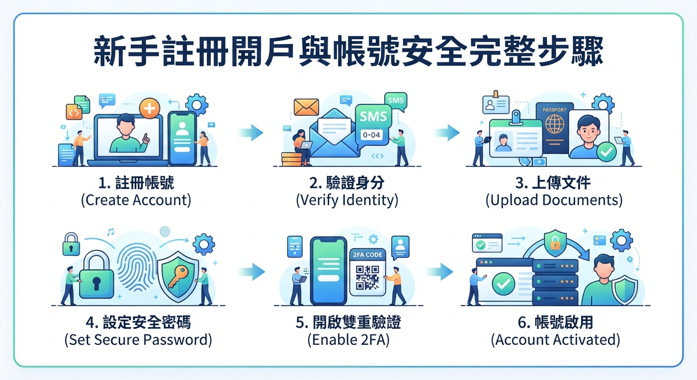 這是一張關於新手註冊開戶與帳號安全完整步驟的流程圖。 圖中透過六個圖解清晰展示了從建立帳號、驗證到開啟雙重驗證的完整過程。